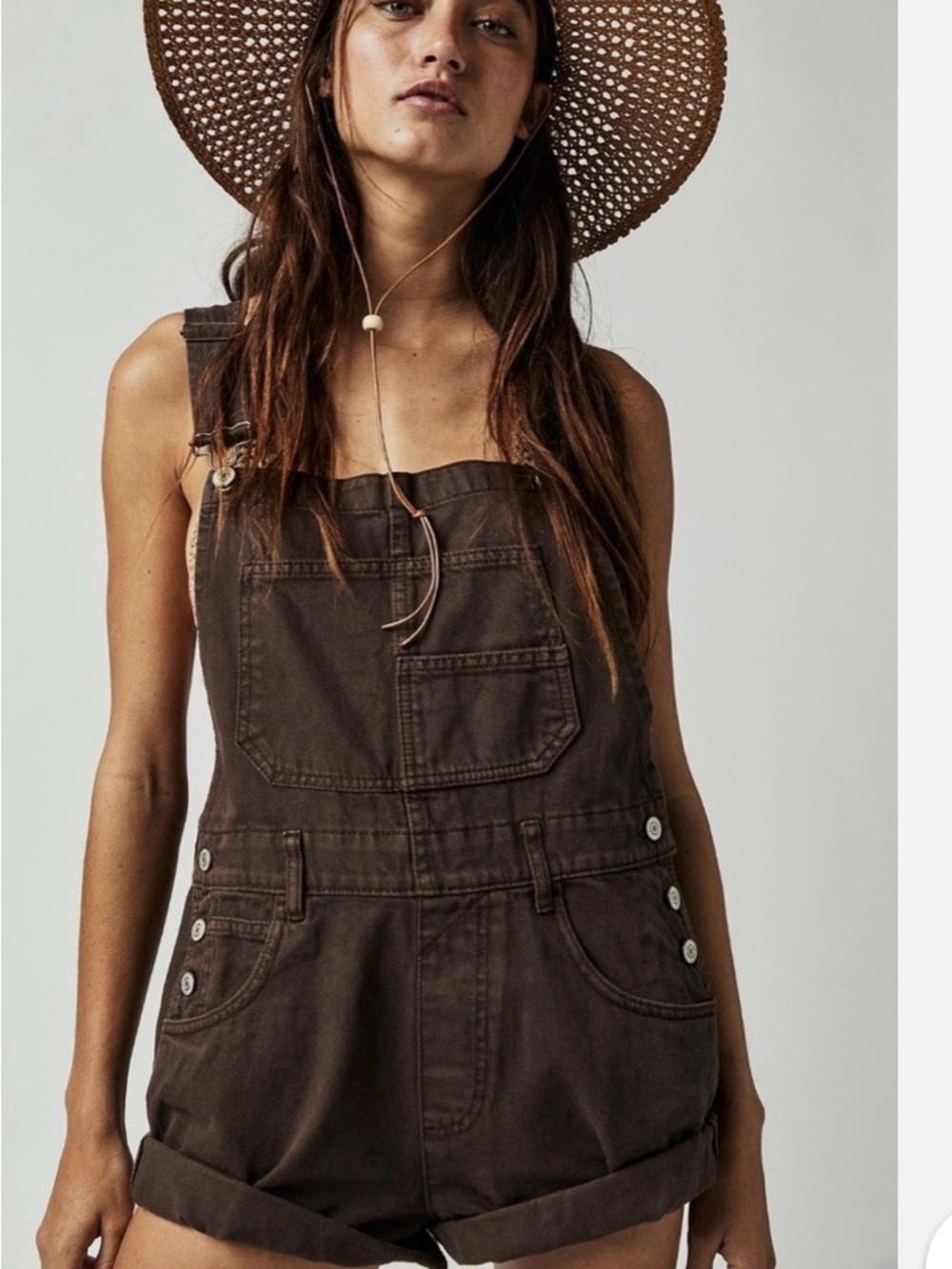 We The Free Dark Brown Denim Short Overalls